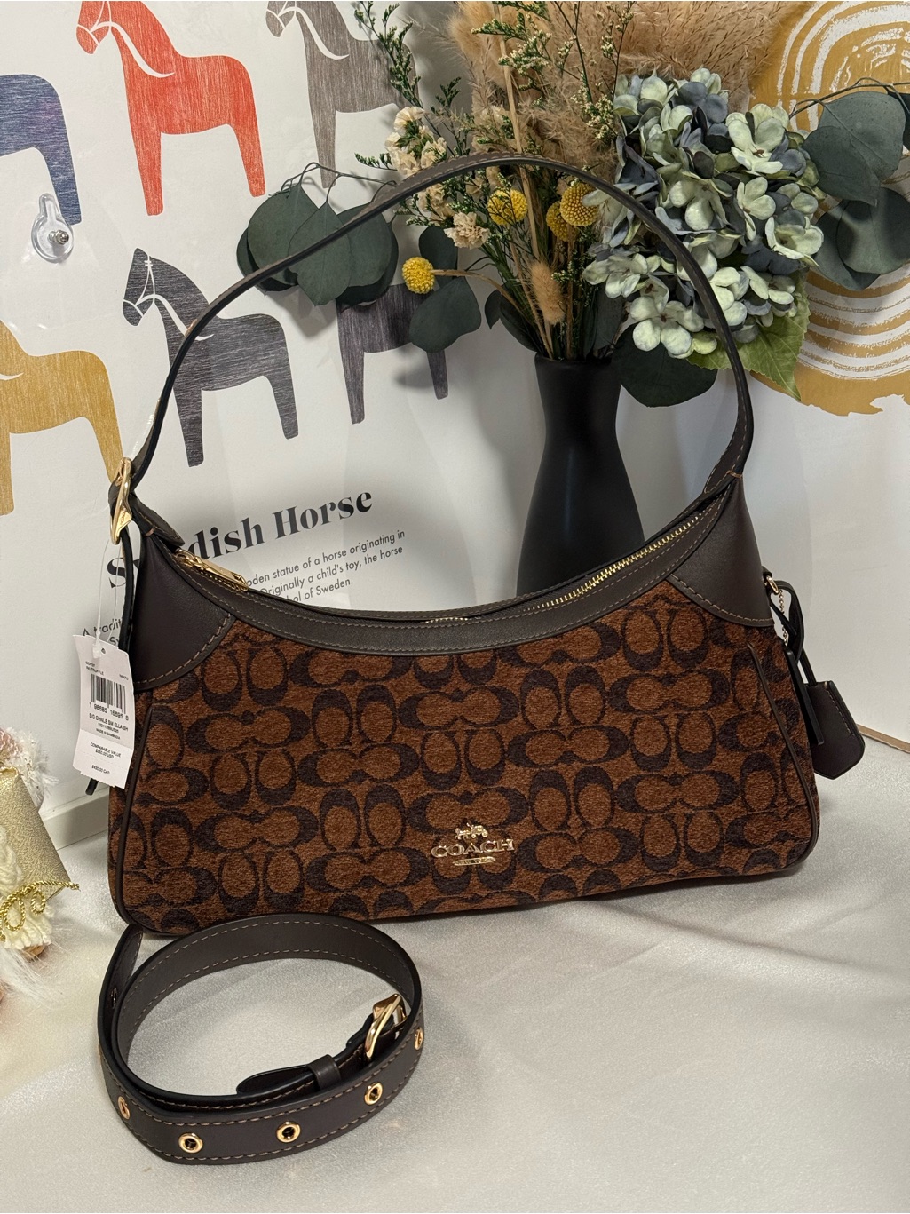 Coach Ella Small Shoulder Bag Cdv37 Signature Brown Jacquard Gold Hardware